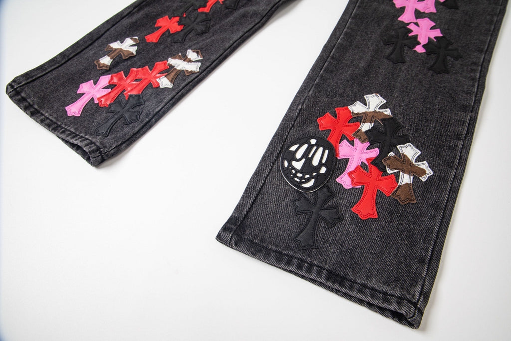 Chrome-Hearts Multi Cross Patch Denim Jeans - Grey Gothic Street Pants 1111