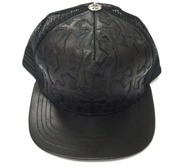 Chrome Hearts Cemetary Cross Leather Stitched Trucker Hat – Black